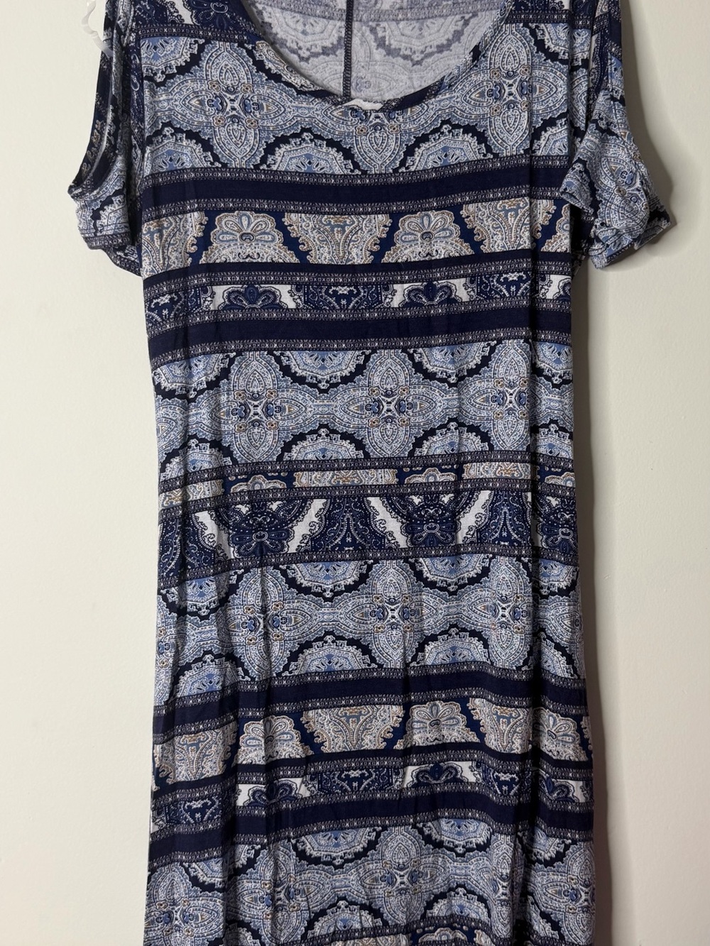 Women's Navy and Light Blue Patterned Short Sleeve Dress